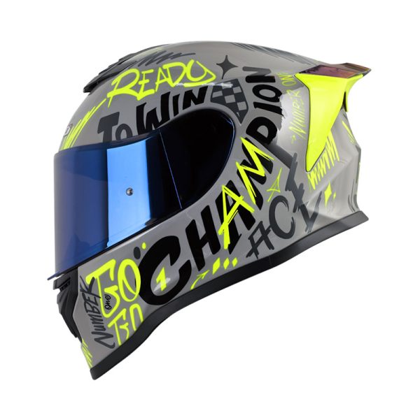 CASCO CERRADO HRO 506 SP CHAMPION GRIS AMARILLO NEON VISOR IRIDIUM AZUL