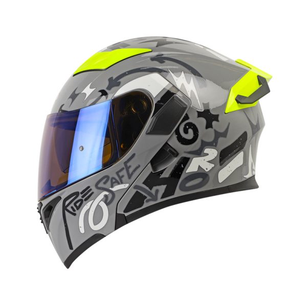 Casco ABATIBLE HRO 3400 DV EVO YEAH GRIS NARDO AMARILLO NEON VISOR IRIDIUM AZUL