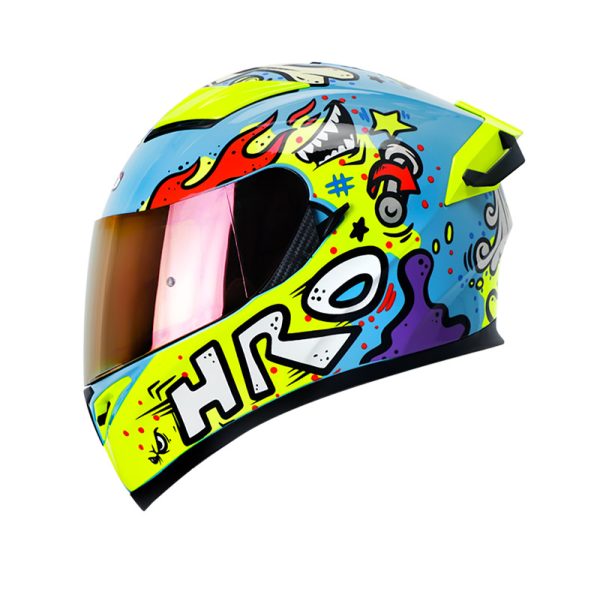 Casco Integral HRO 514DV EVO FUNNER AZUL AMARILLO NEON VISOR IRIDIUM ROJO