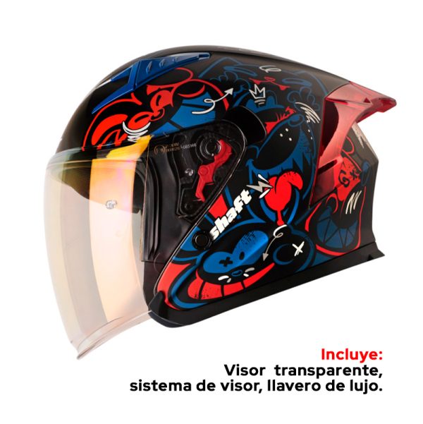 Casco Abierto Shaft SH-226GT ANIMATIC NEGRO AZUL ROJO MATE VISOR IRIDIUM ROJO