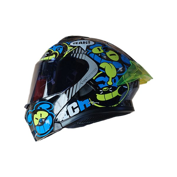 CASCO ABATIBLE ICH 3120 R TURN_ON NEGRO BRILLO AZUL AMARILLO NEON VISOR HUMO