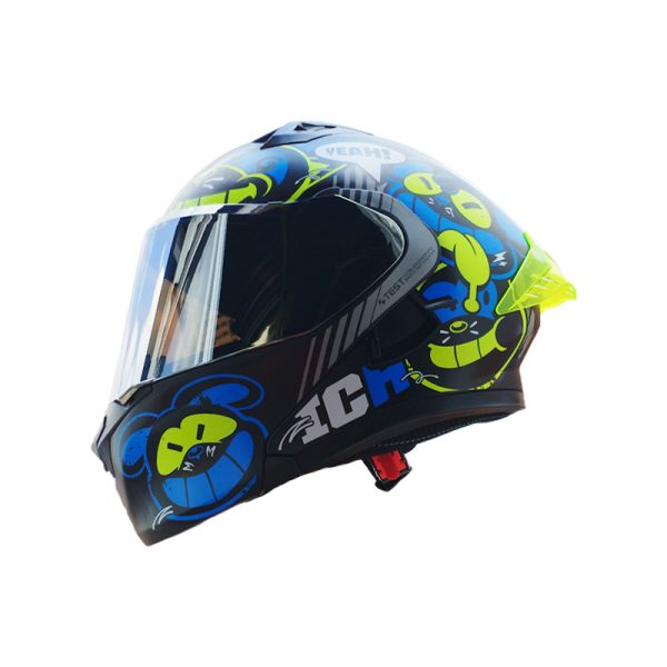 CASCO ABATIBLE ICH 3120 R TURN_ON NEGRO MATE AZUL AMARILLO NEON VISOR PLATEADO
