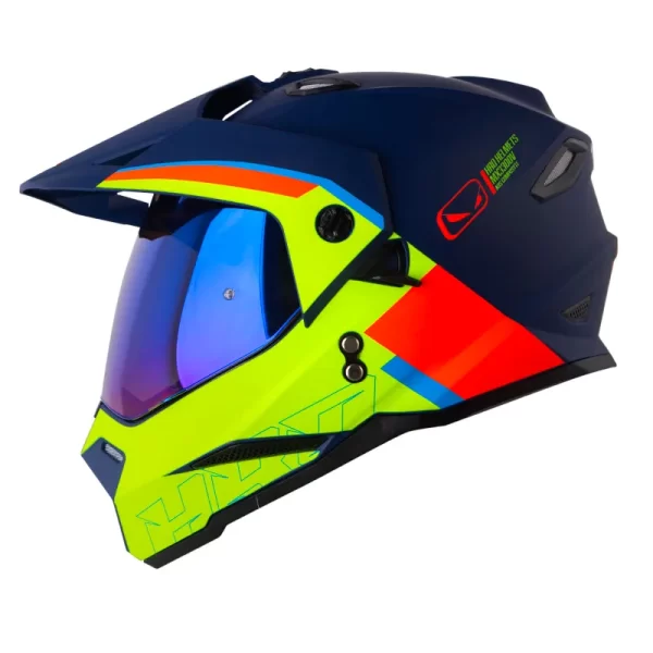 CASCO MULTIPROPOSITO HRO MX330DV DOWNHILL  AZUL AMARILLO NEON VISOR IRIDIUM AZUL